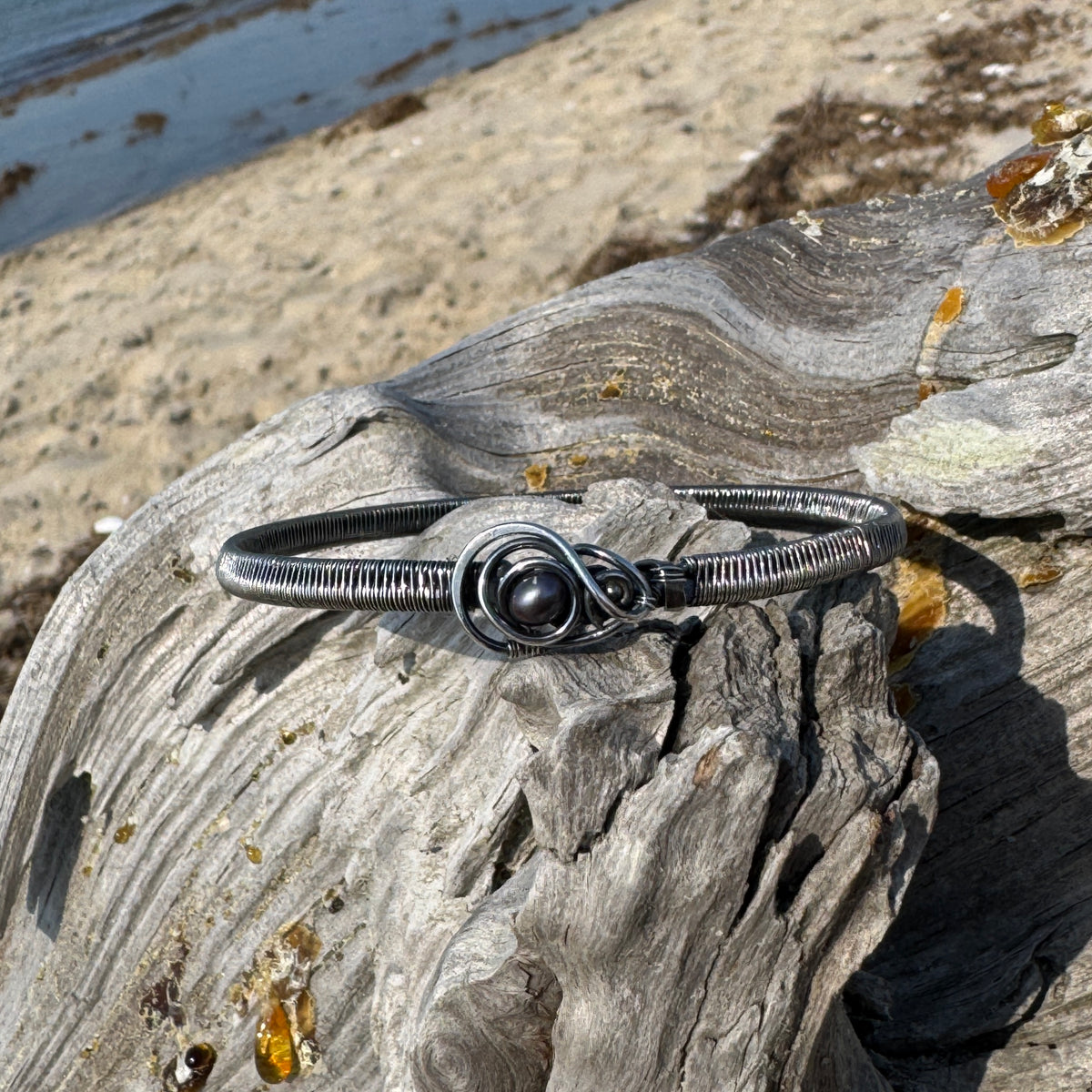 Silver Woven Bangle Bracelet with Black Pearl