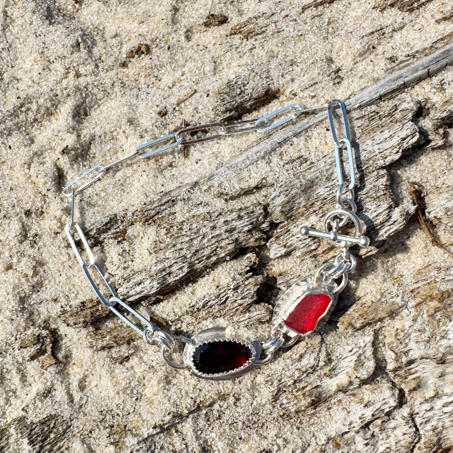 Red Sea Glass & Garnet Silver Toggle Paperclip Bracelet