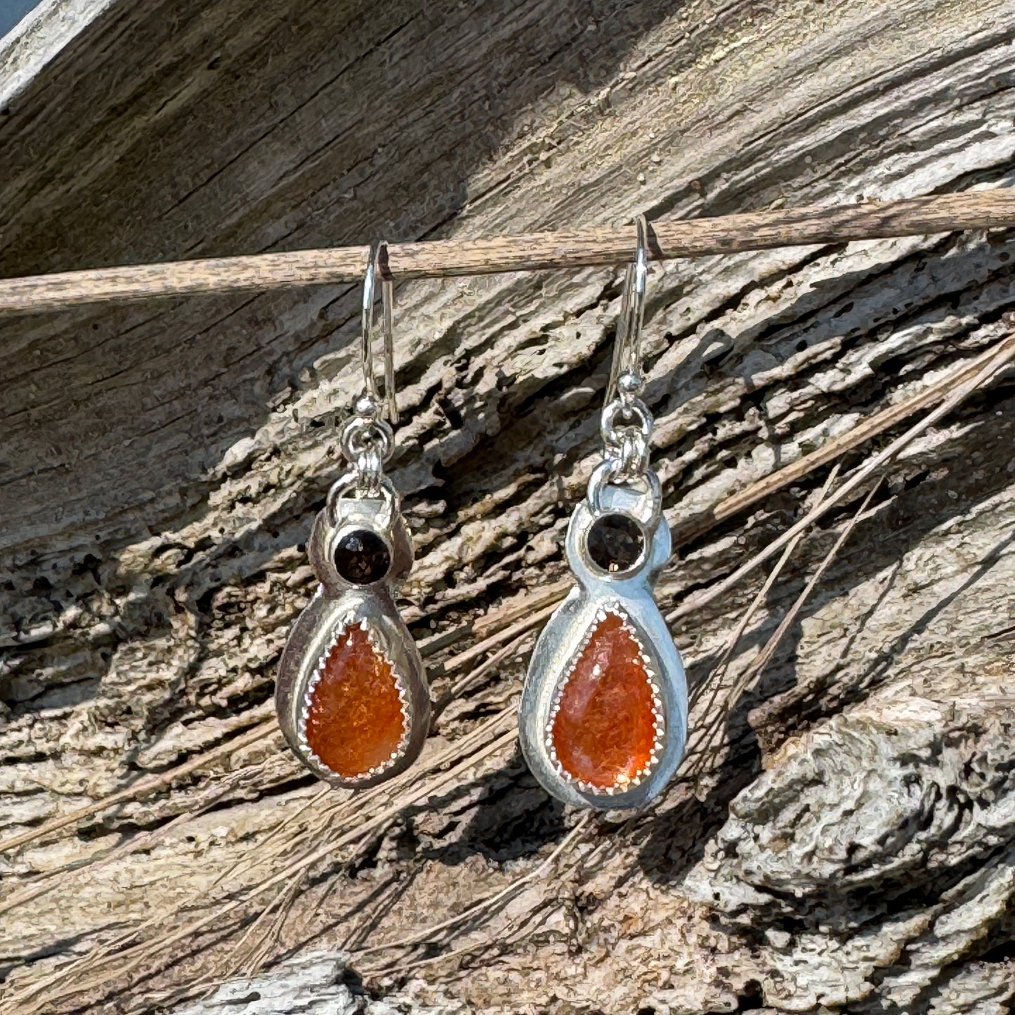 Sunstone Teardrops & Smokey Quartz Earrings