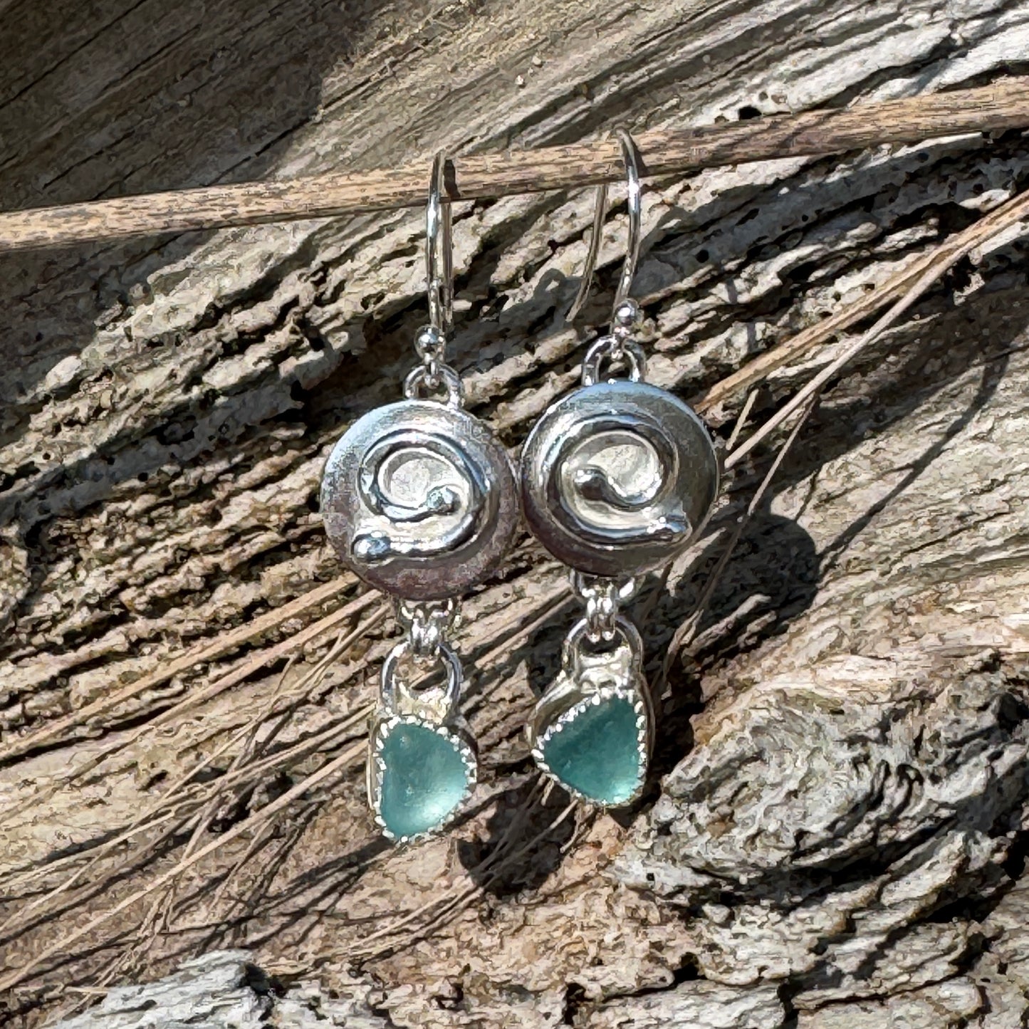 Silver Swirl & Aqua Sea Glass Earrings