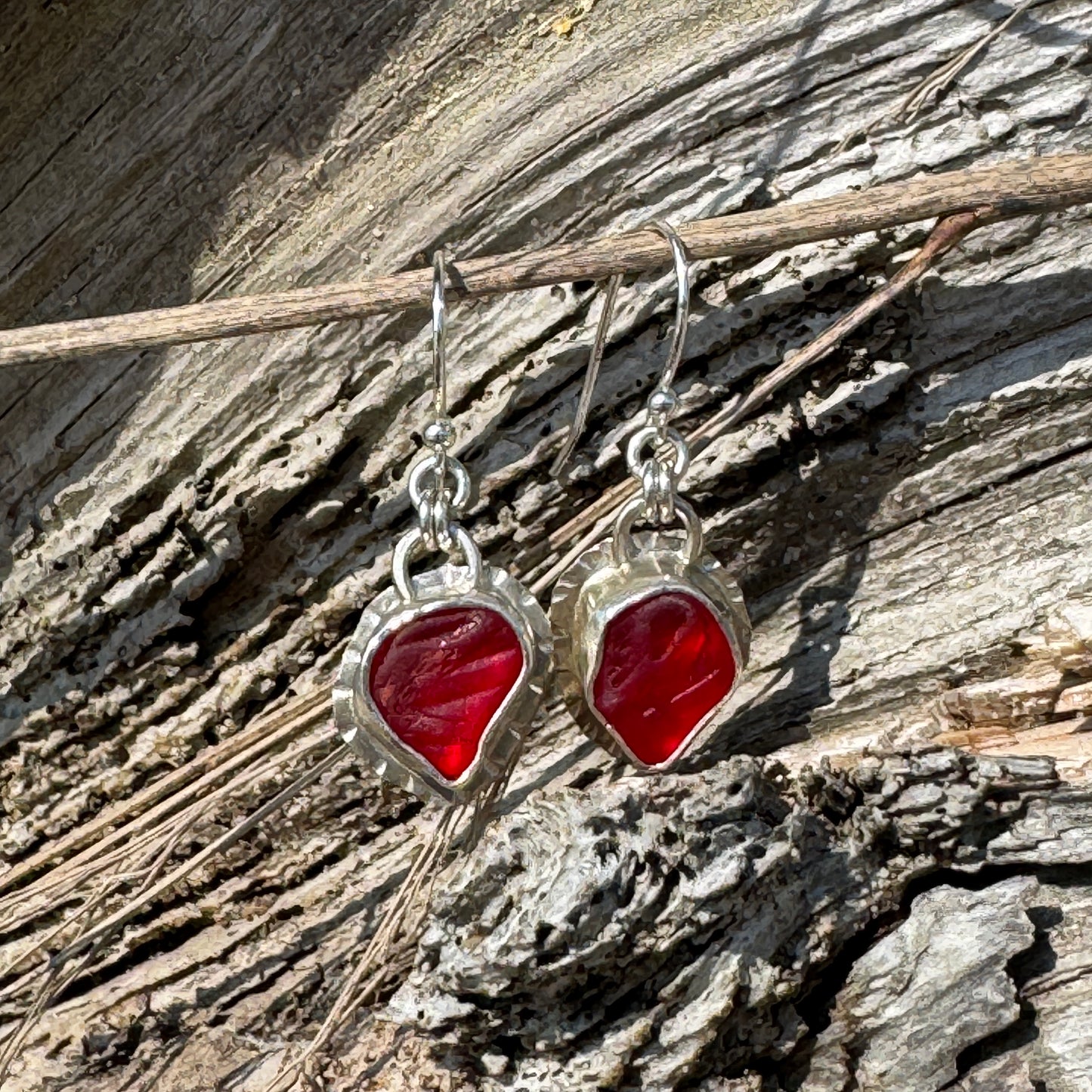 Red Sea Glass Bezel Set Earrings