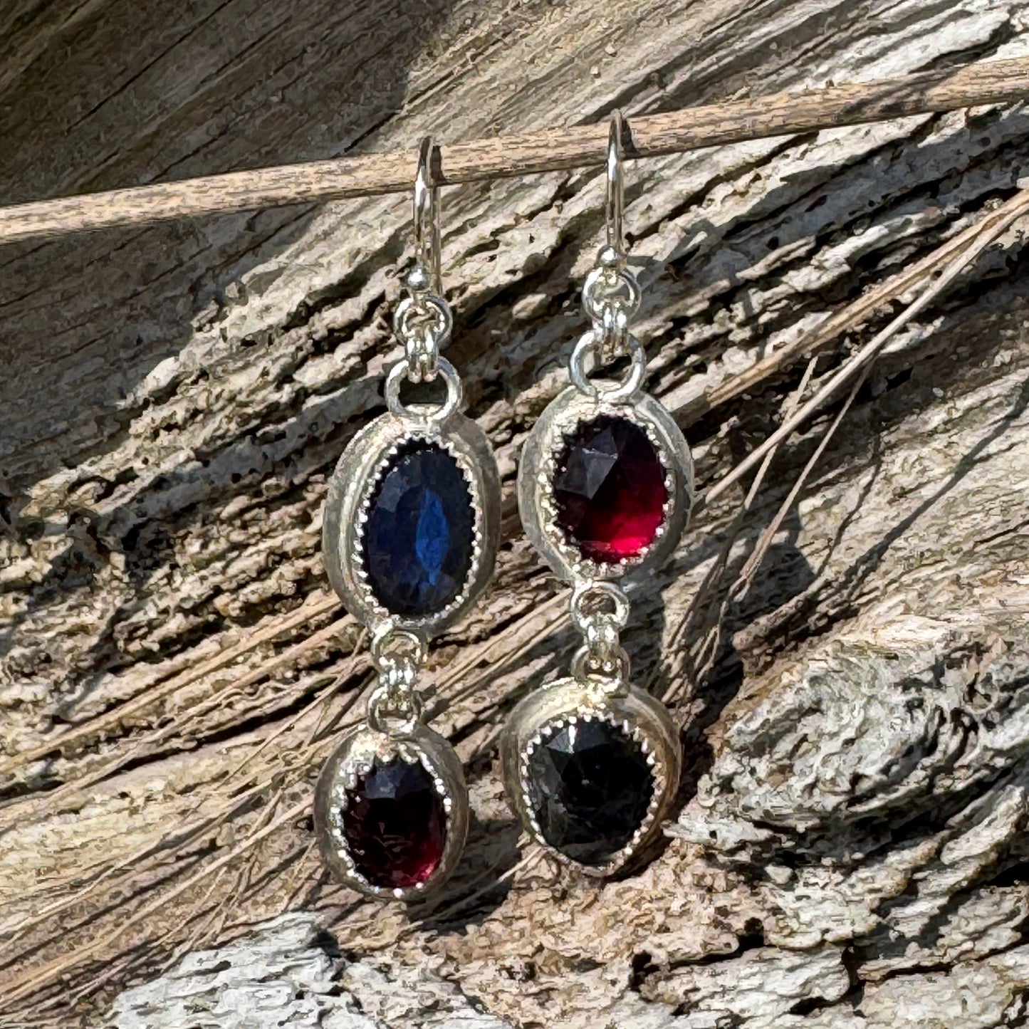 Blue Flash Labradorite & Garnet Asymmetrical Earrings