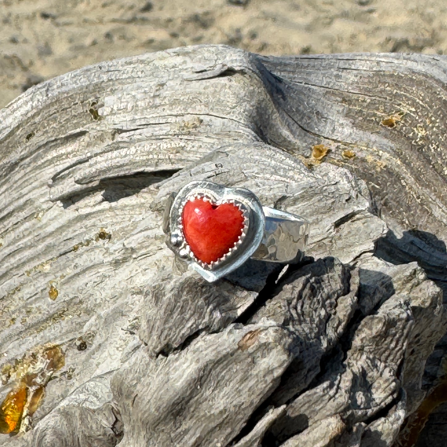 Spiny Urchin Shell Silver Heart Ring (Size 6.5)