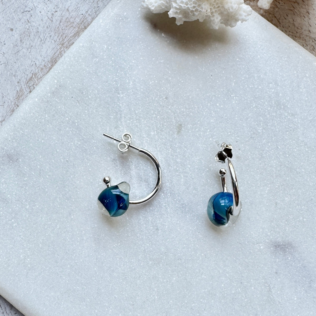 Navy Blue Water Drop Hoop Earrings