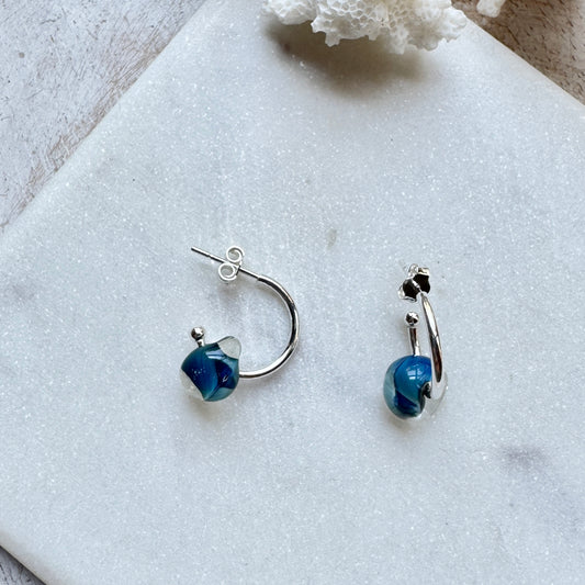 Navy Blue Water Drop Hoop Earrings