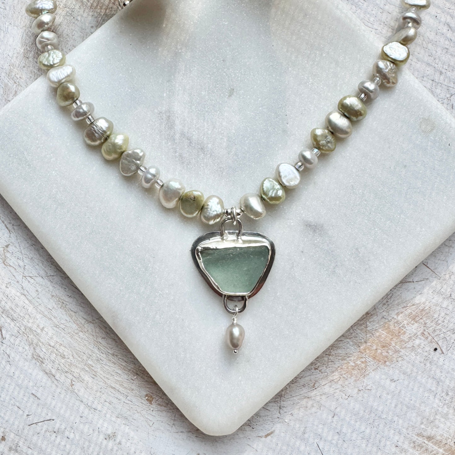 Sea Foam Sea Glass & pale Green and Grey Freshwater Pearl Necklace