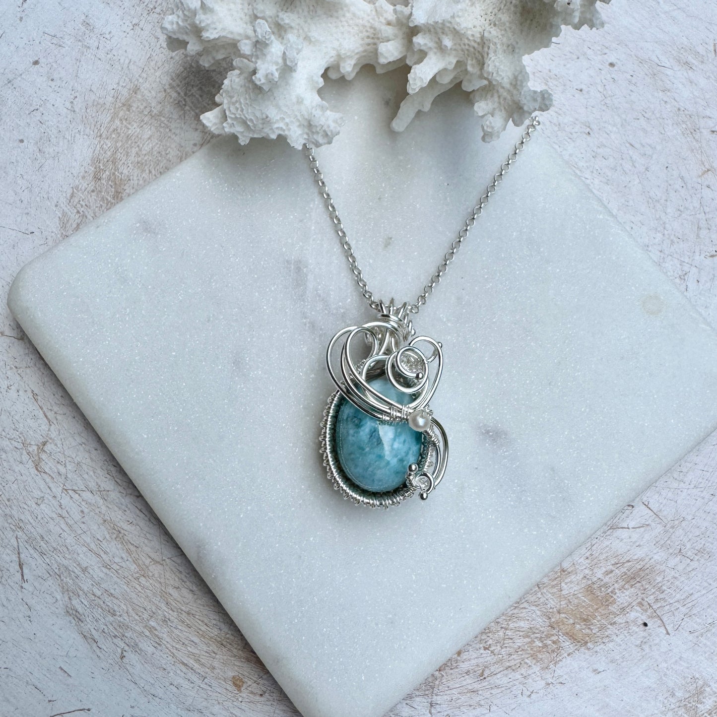 Larimar & Pearl Oval Silver Woven Necklace