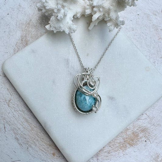 Larimar & Pearl Oval Silver Woven Necklace