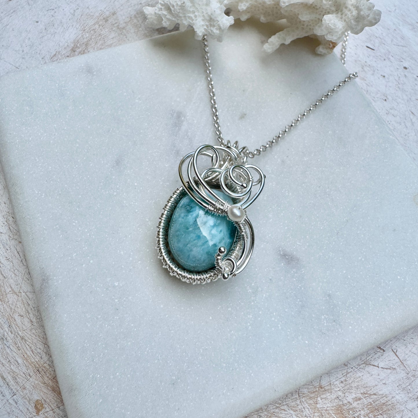 Larimar & Pearl Oval Silver Woven Necklace