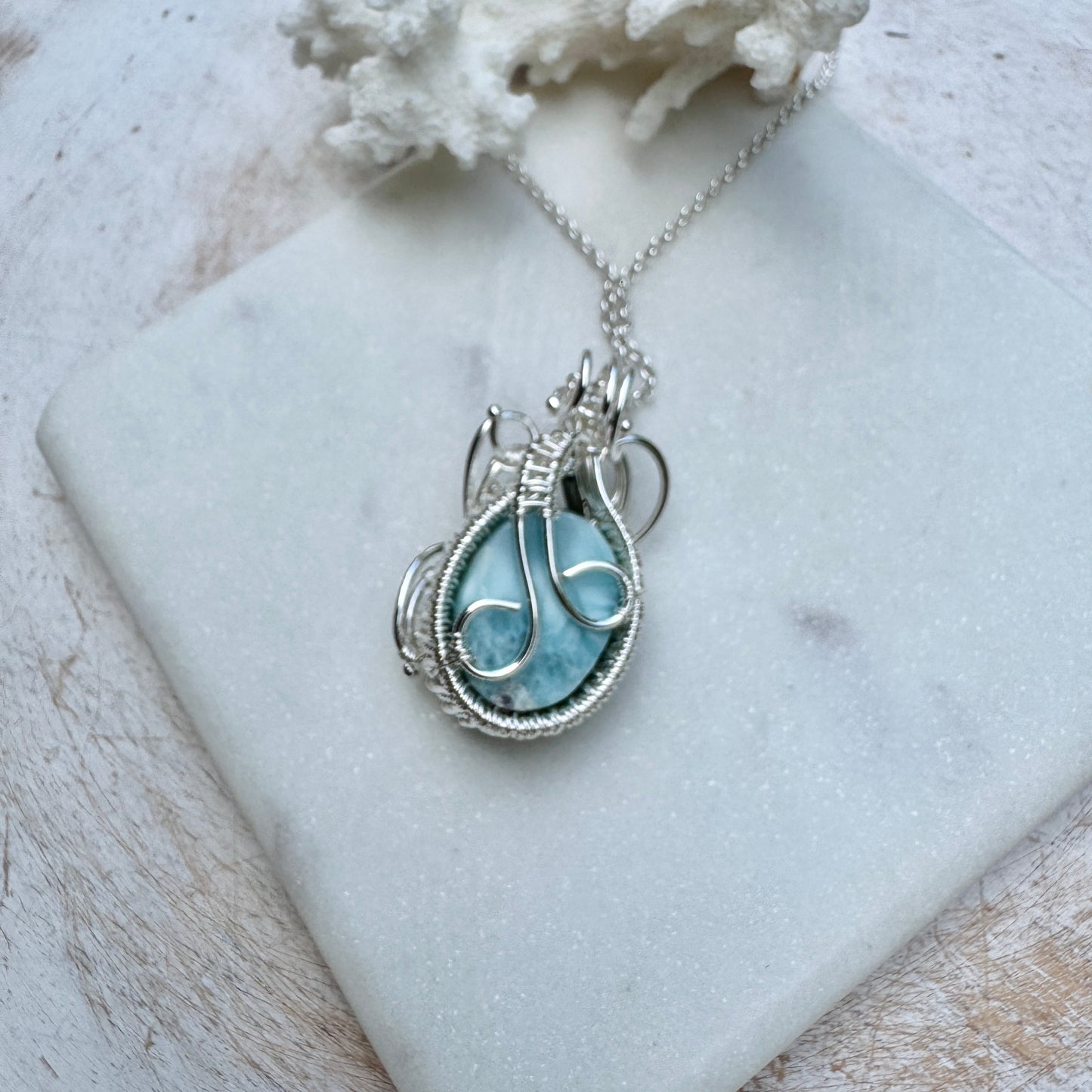 Larimar & Pearl Oval Silver Woven Necklace
