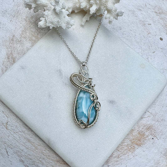 Larimar Long Teardrop Silver Woven Necklace
