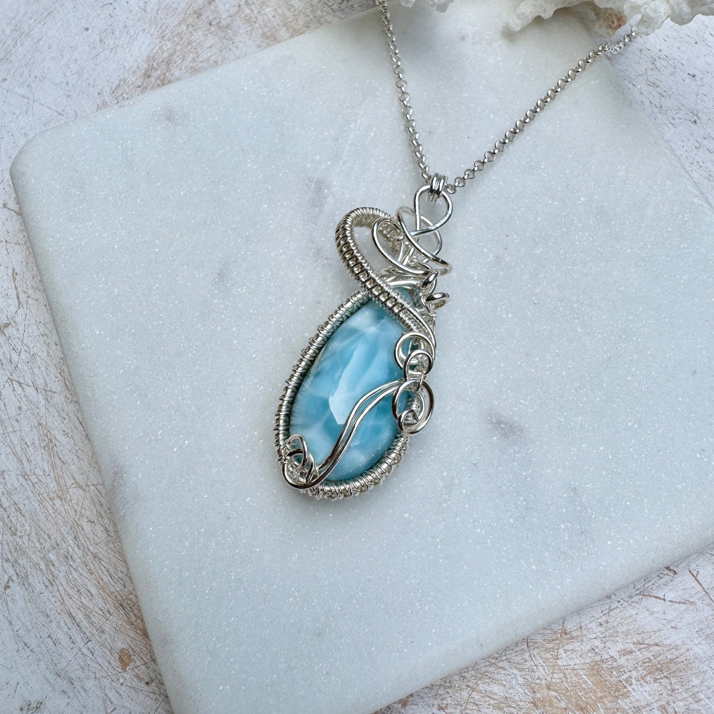 Larimar Long Teardrop Silver Woven Necklace