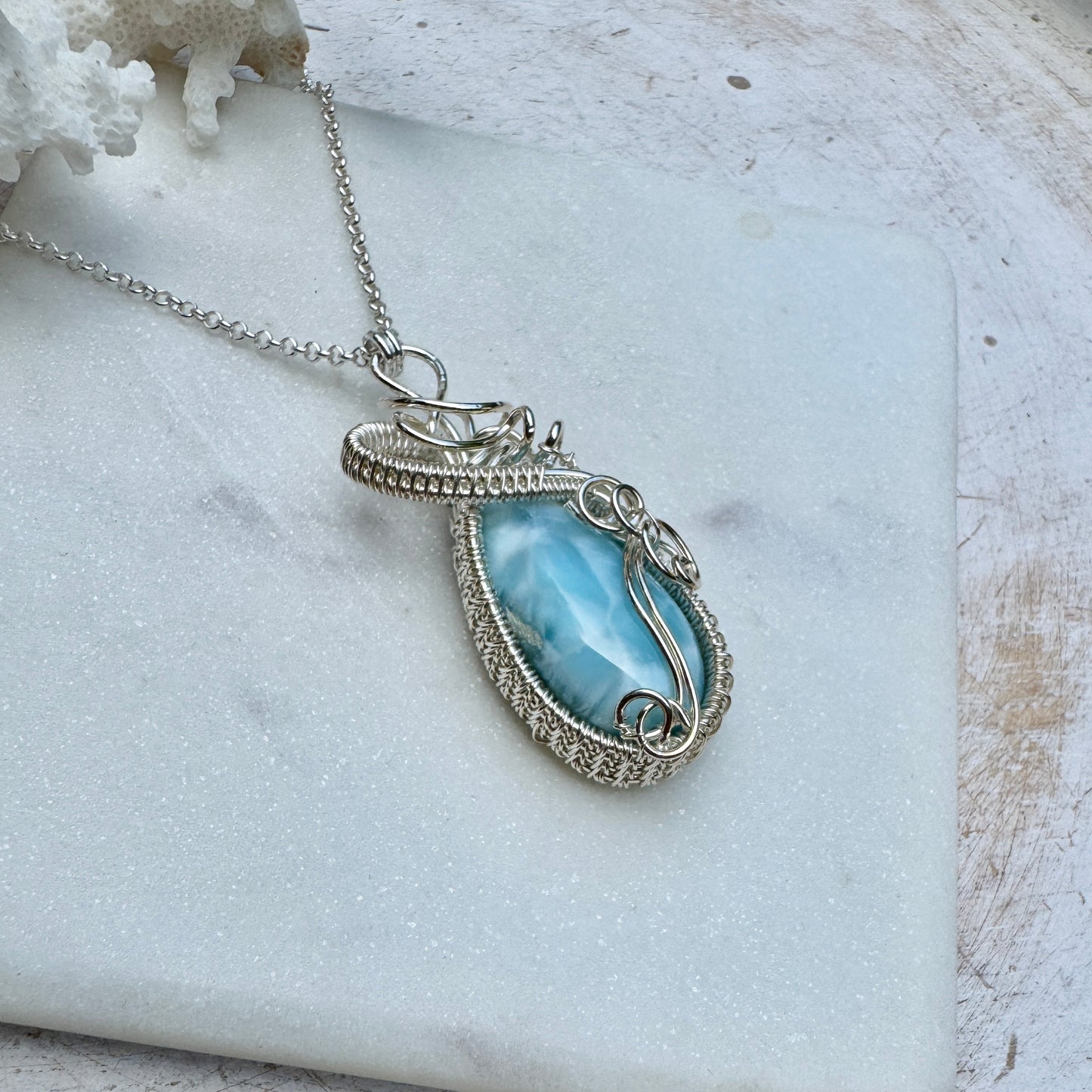 Larimar Long Teardrop Silver Woven Necklace