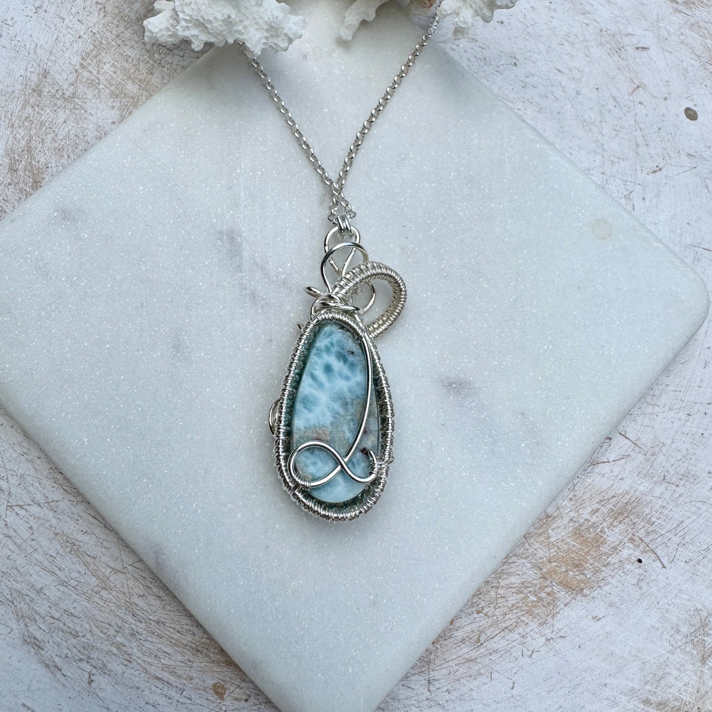 Larimar Long Teardrop Silver Woven Necklace