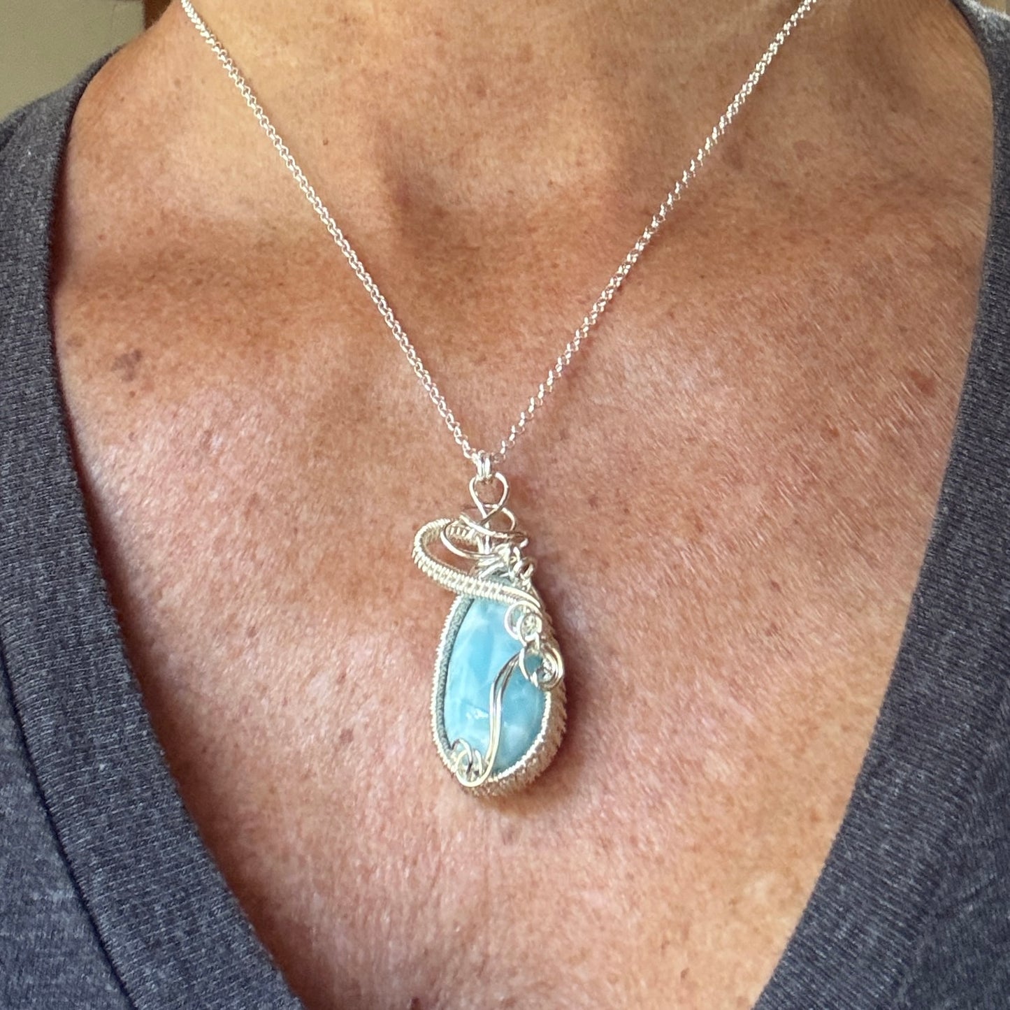 Larimar Long Teardrop Silver Woven Necklace