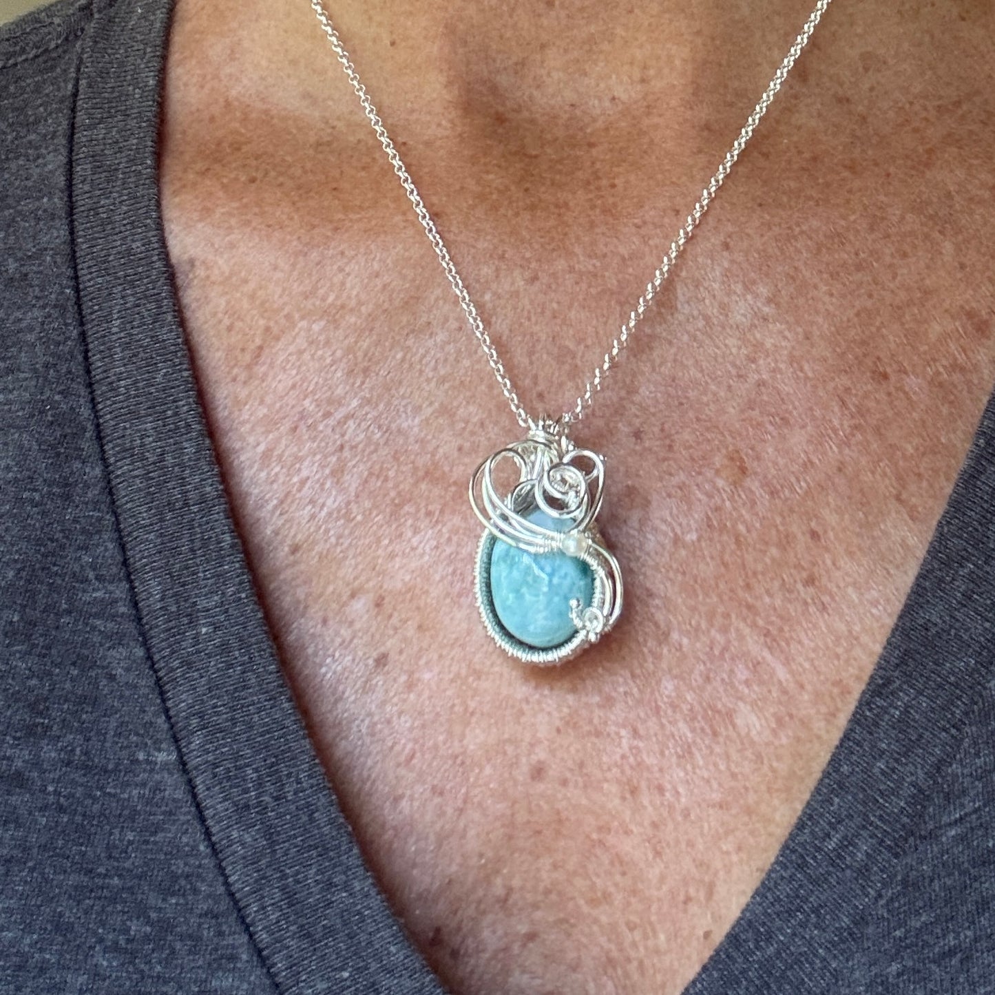 Larimar & Pearl Oval Silver Woven Necklace