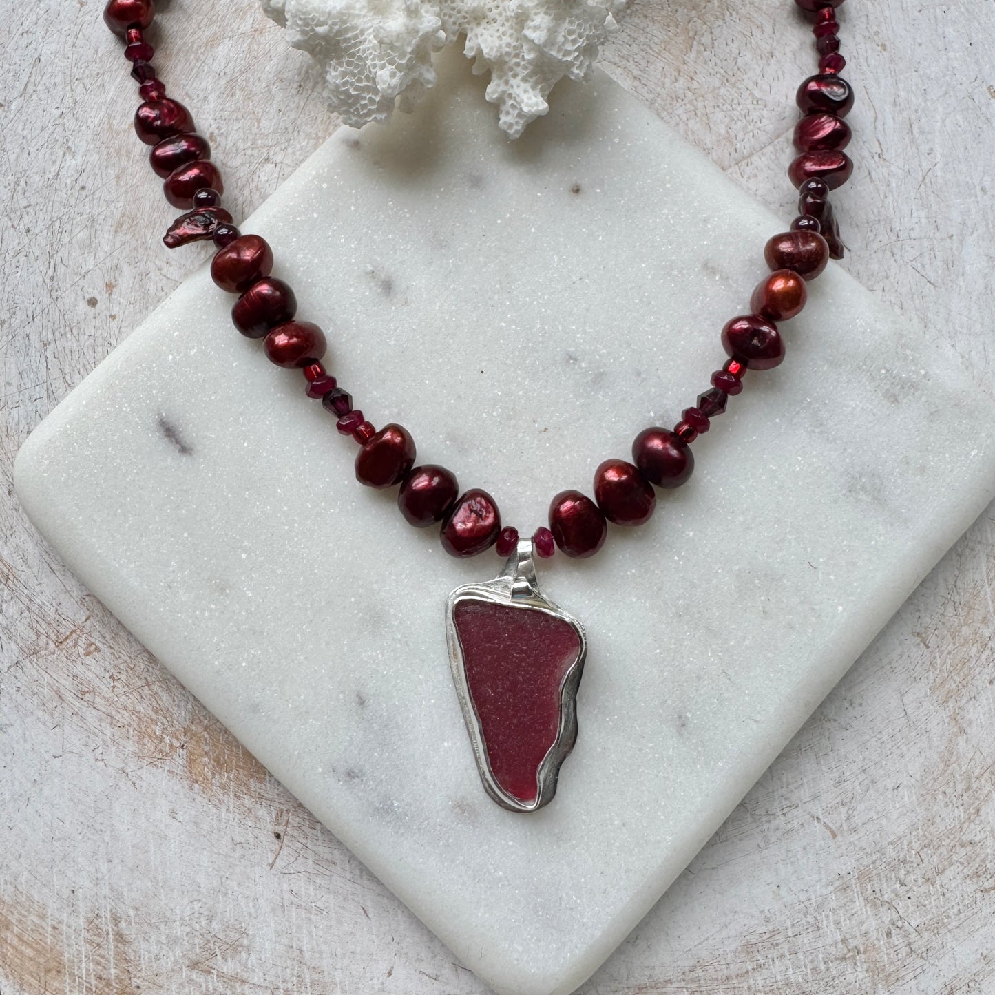 Burgundy Seaham Sea Glass, Burgundy Pearl & Garnet Necklace