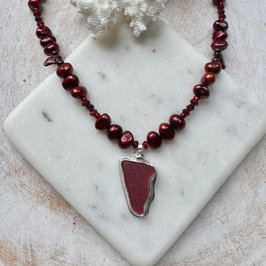 Burgundy Seaham Sea Glass, Burgundy Pearl & Garnet Necklace