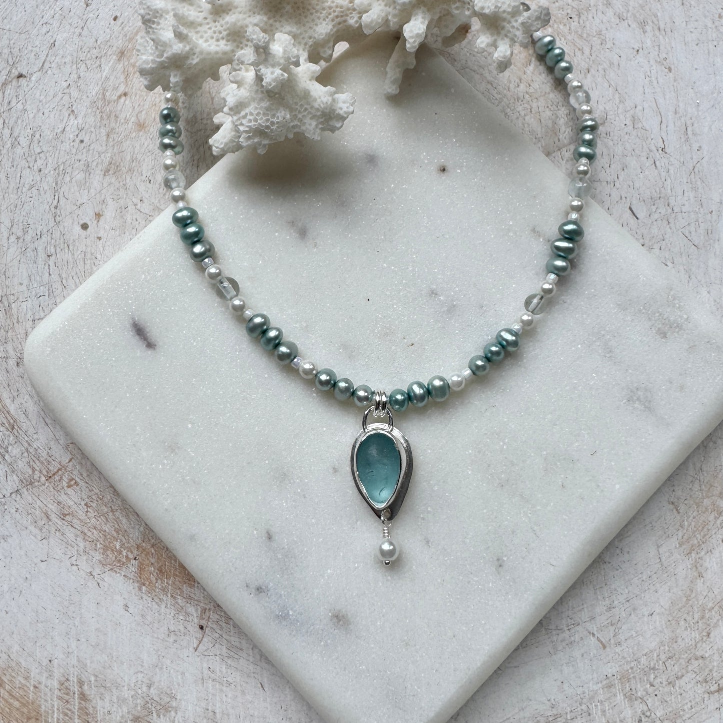 Aqua Sea Glass, Pale Blue Pearl & Aquamarine Necklace