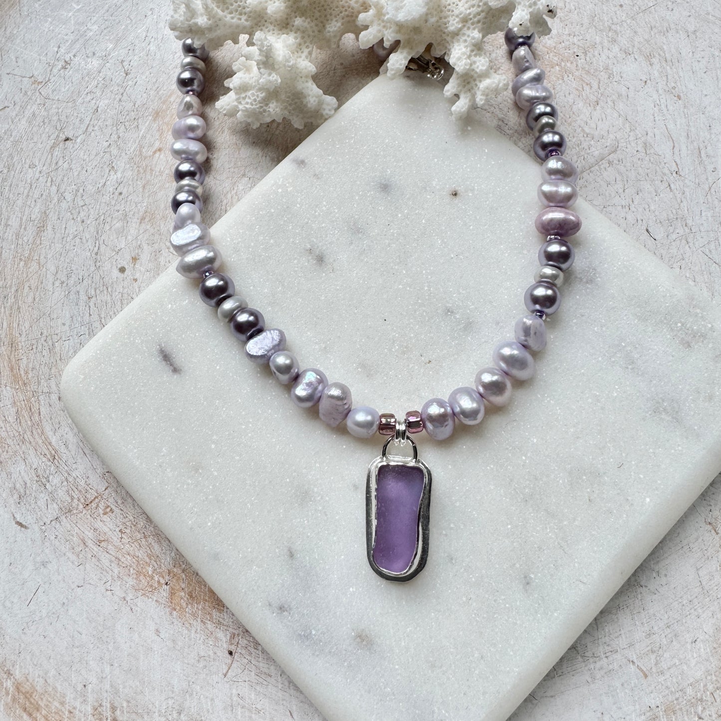 Purple Sea Glass & Lavender Pearl Necklace