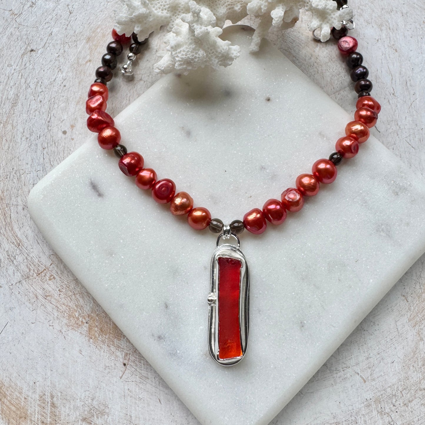 Orange Sea Glass, Orange and Brown Pearls & Smokey Quartz Necklace