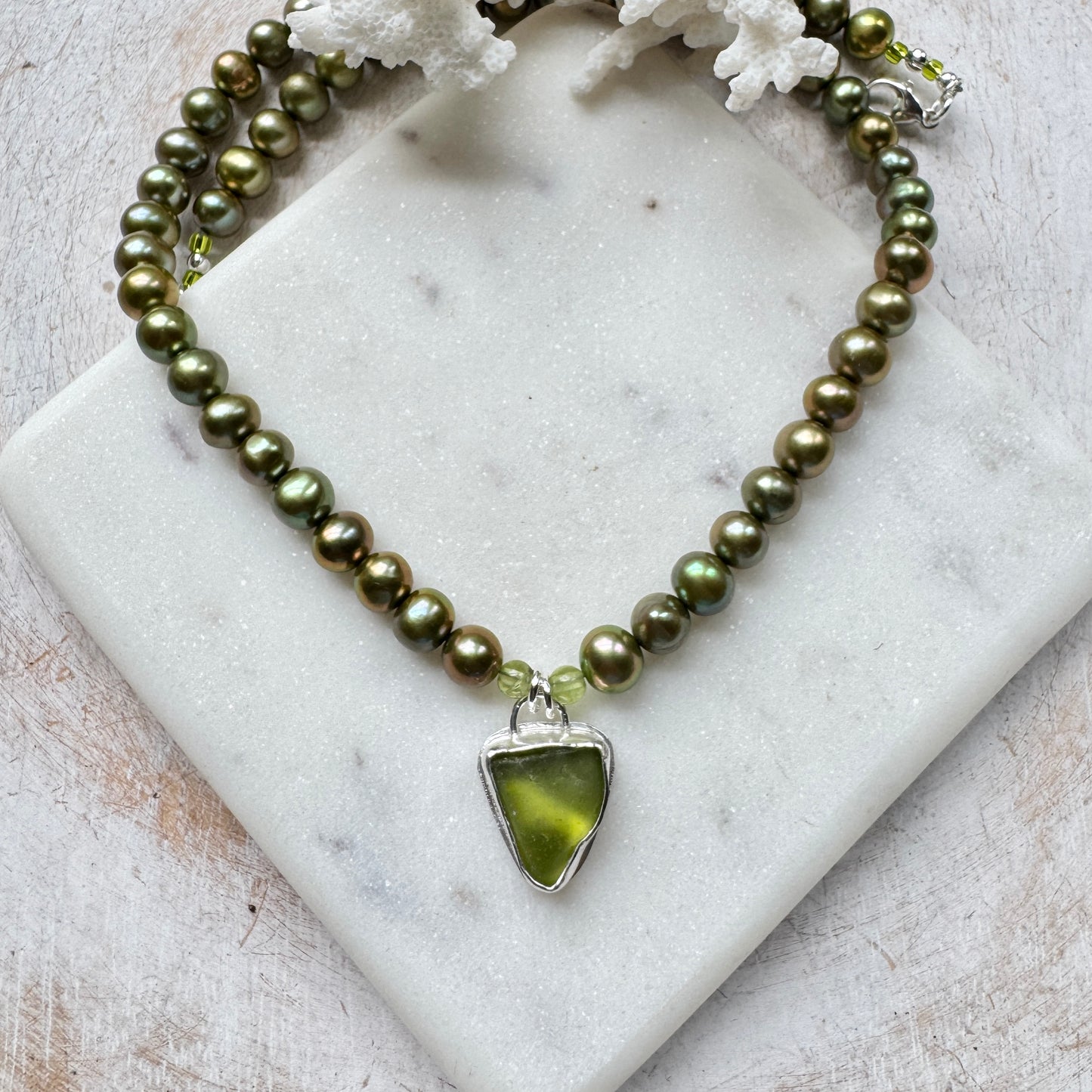 Olive Green Sea Glass & Olive & Peridot Pearl Necklace