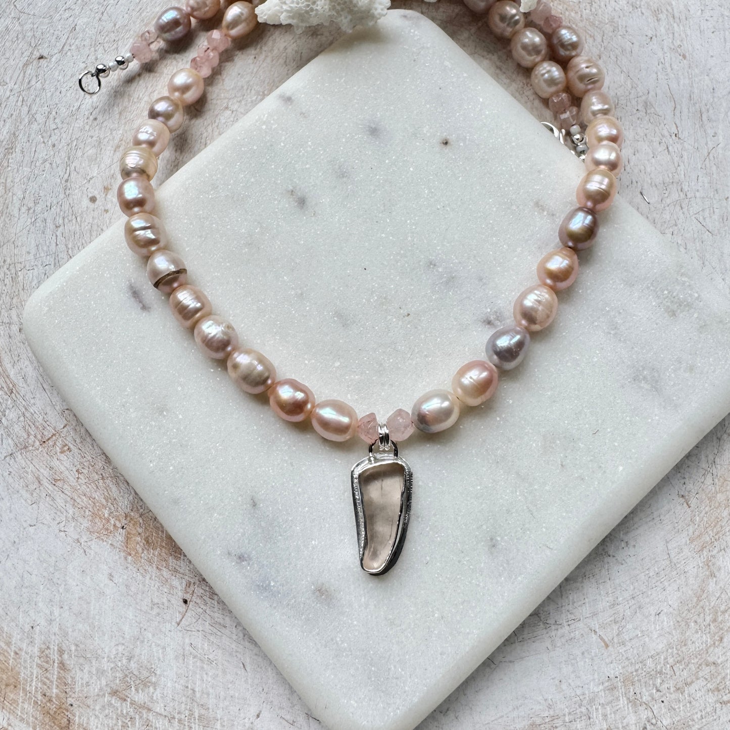 Pink Sea Glass & Pink and Grey Pearl, Pink Quartz Necklace