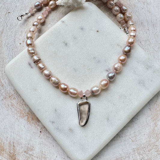 Pink Sea Glass & Pink and Grey Pearl, Pink Quartz Necklace