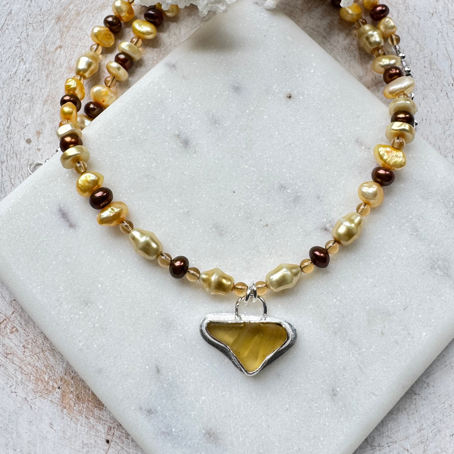 Yellow Sea Glass, Yellow Pearl & Citrine Necklace