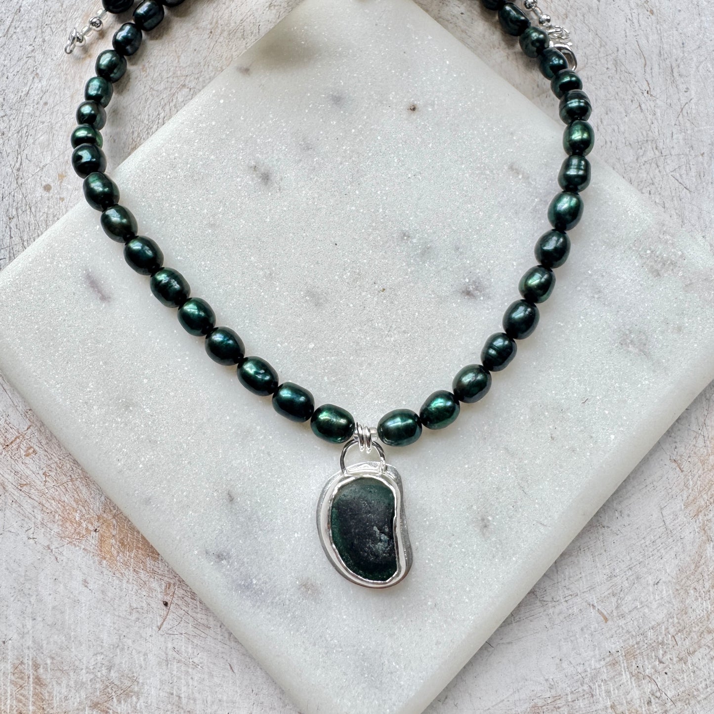 Dark Green Seaham Sea Glass & Dark Green Pearl Necklace