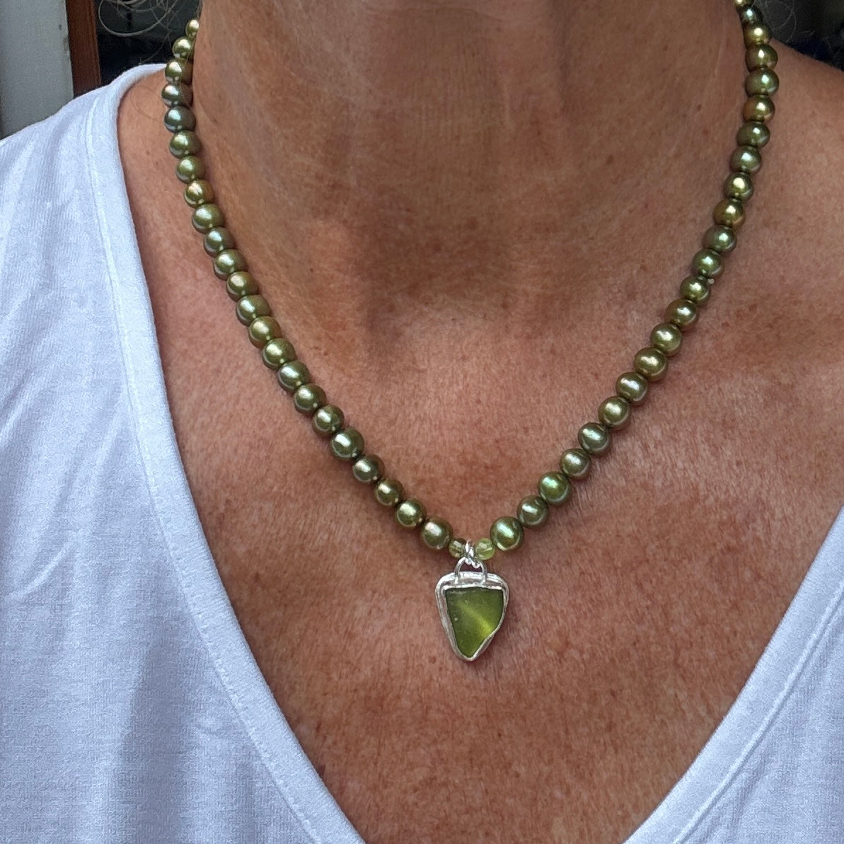 Olive Green Sea Glass & Olive & Peridot Pearl Necklace