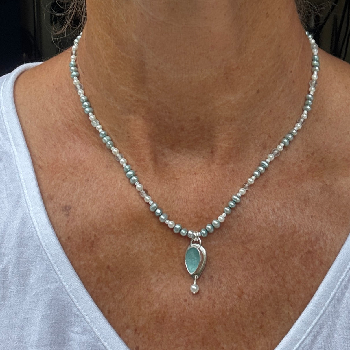 Aqua Sea Glass, Pale Blue Pearl & Aquamarine Necklace