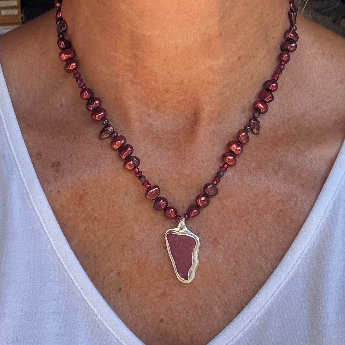 Burgundy Seaham Sea Glass, Burgundy Pearl & Garnet Necklace