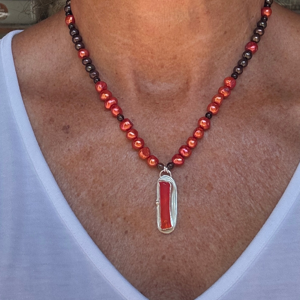 Orange Sea Glass, Orange and Brown Pearls & Smokey Quartz Necklace