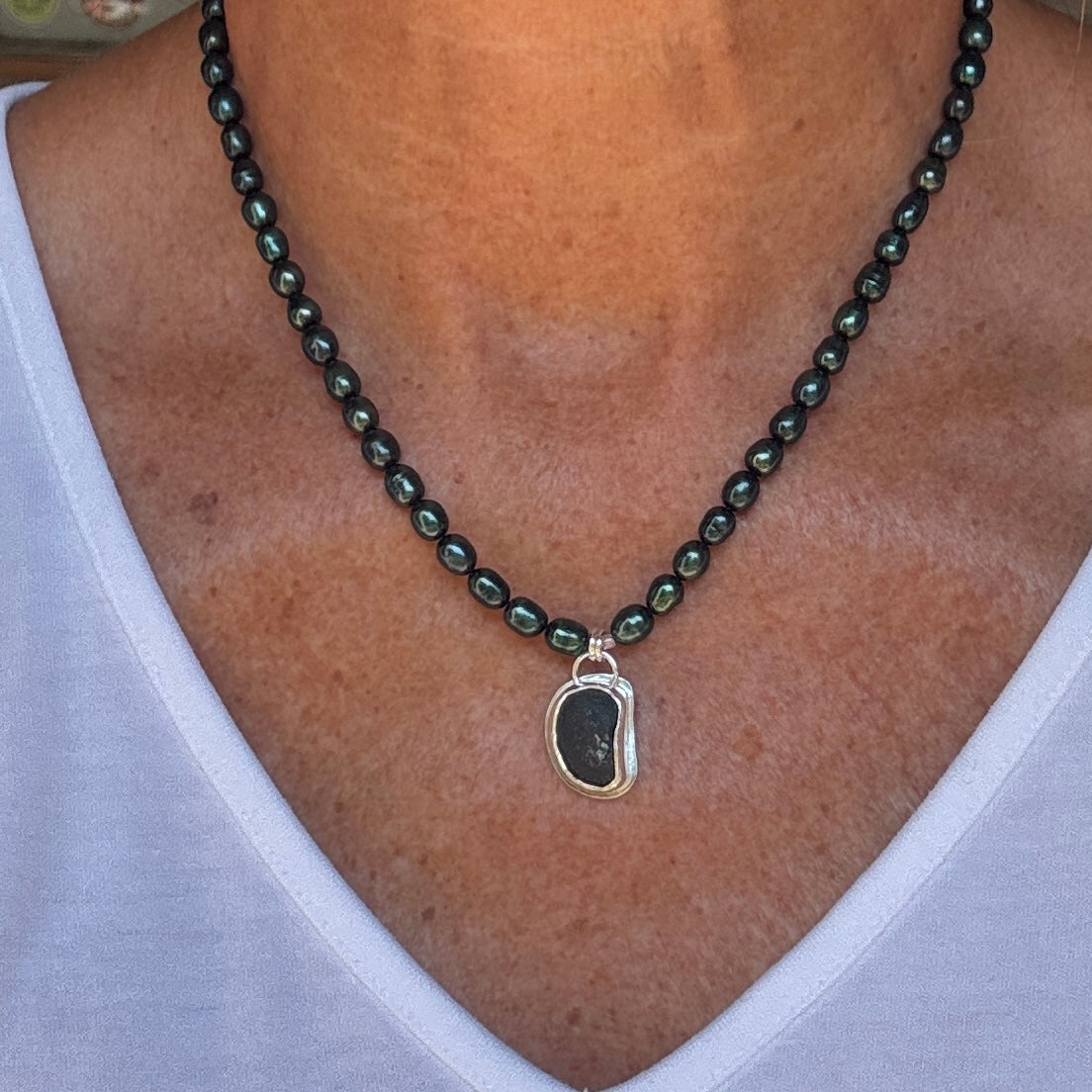 Dark Green Seaham Sea Glass & Dark Green Pearl Necklace