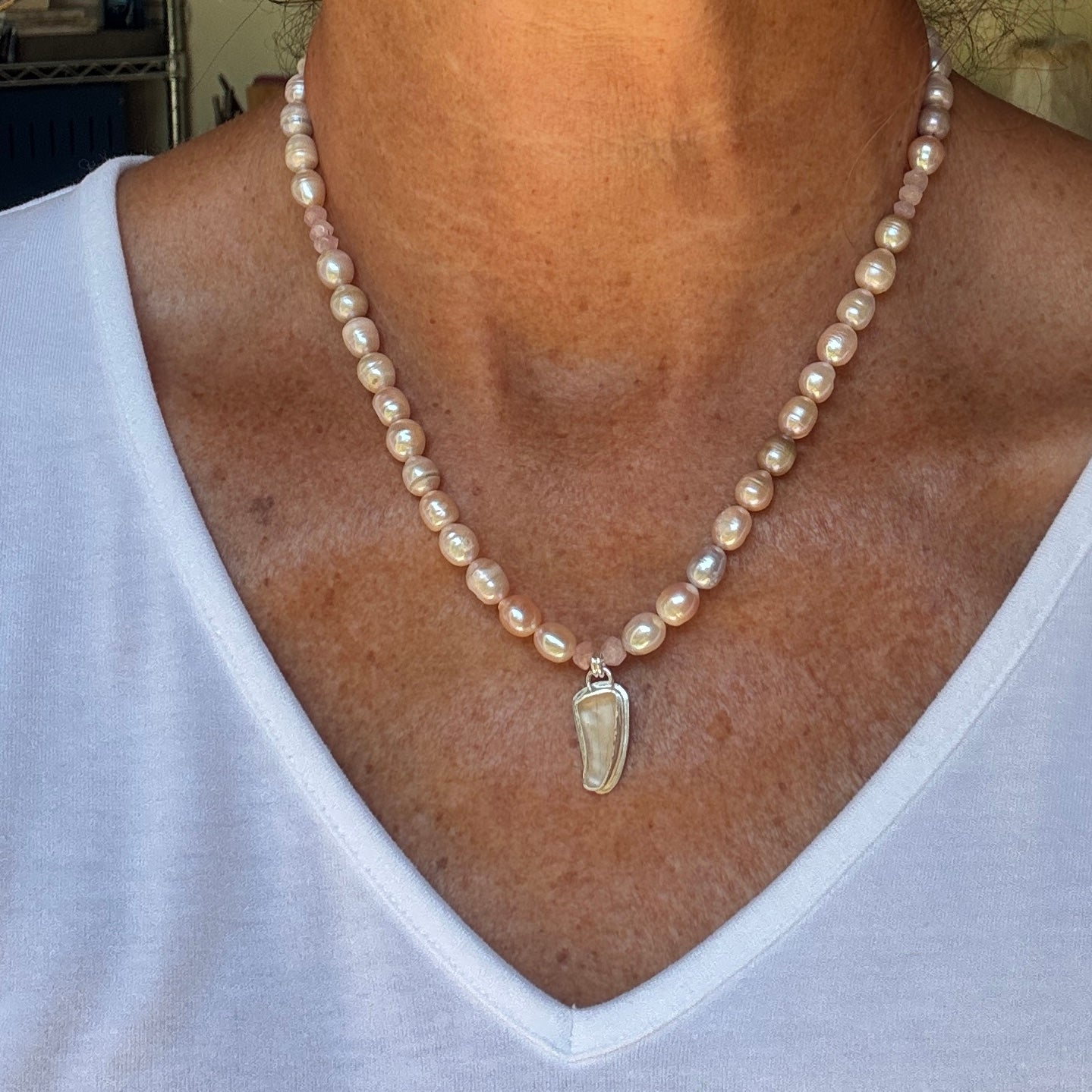 Pink Sea Glass & Pink and Grey Pearl, Pink Quartz Necklace