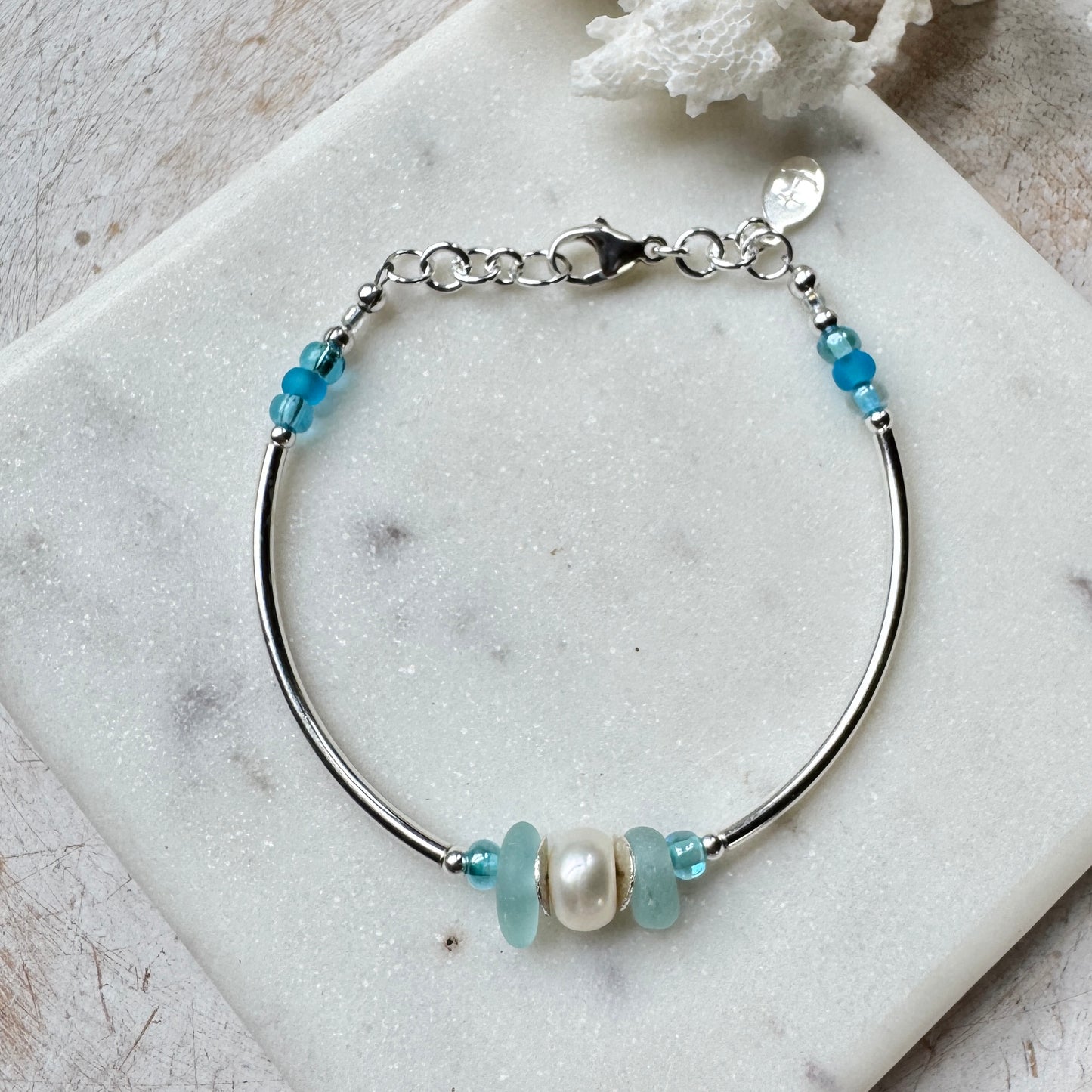 Aqua Sea Glass & Pearl Silver Tube Bracelet