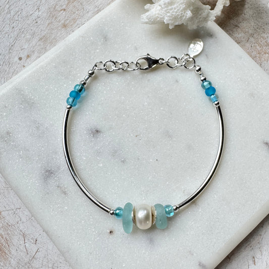 Aqua Sea Glass & Pearl Silver Tube Bracelet