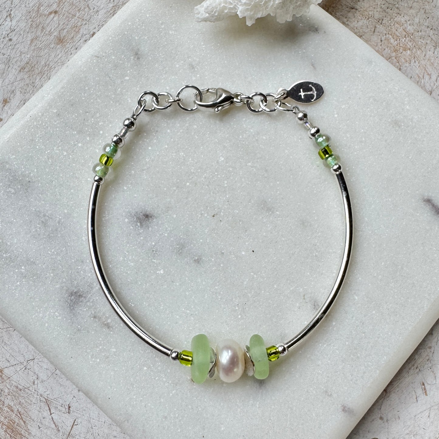 Light Green Sea Glass & Pearl Silver Tube Bracelet