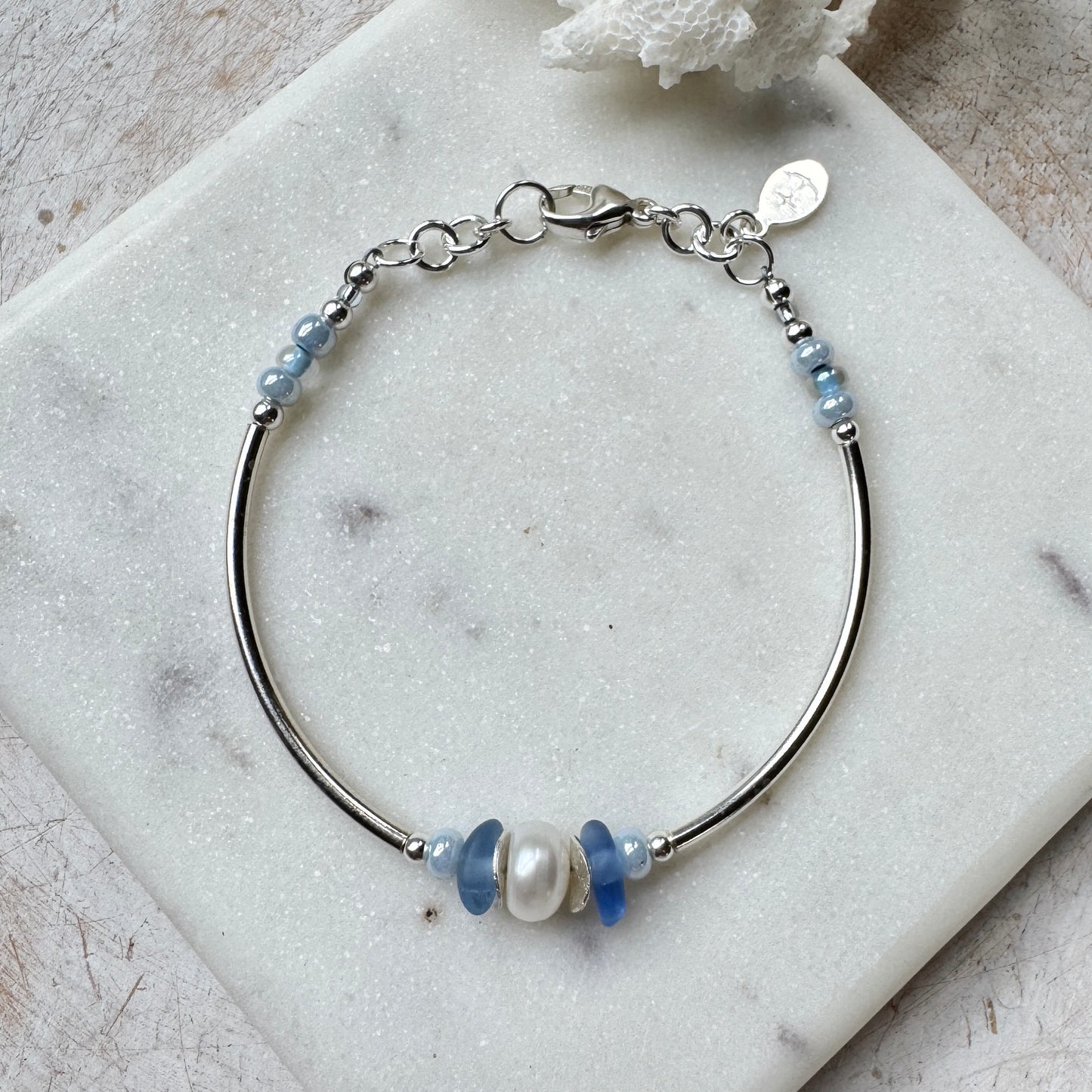Cornflower Sea Glass & Pearl Silver Tube Bracelet