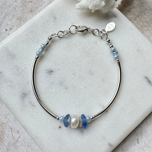 Cornflower Sea Glass & Pearl Silver Tube Bracelet