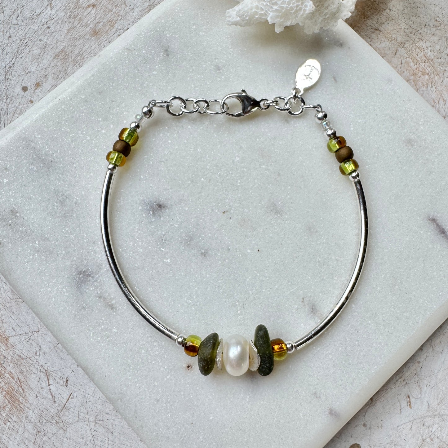 Deep Olive Sea Glass & Pearl Silver Tube Bracelet