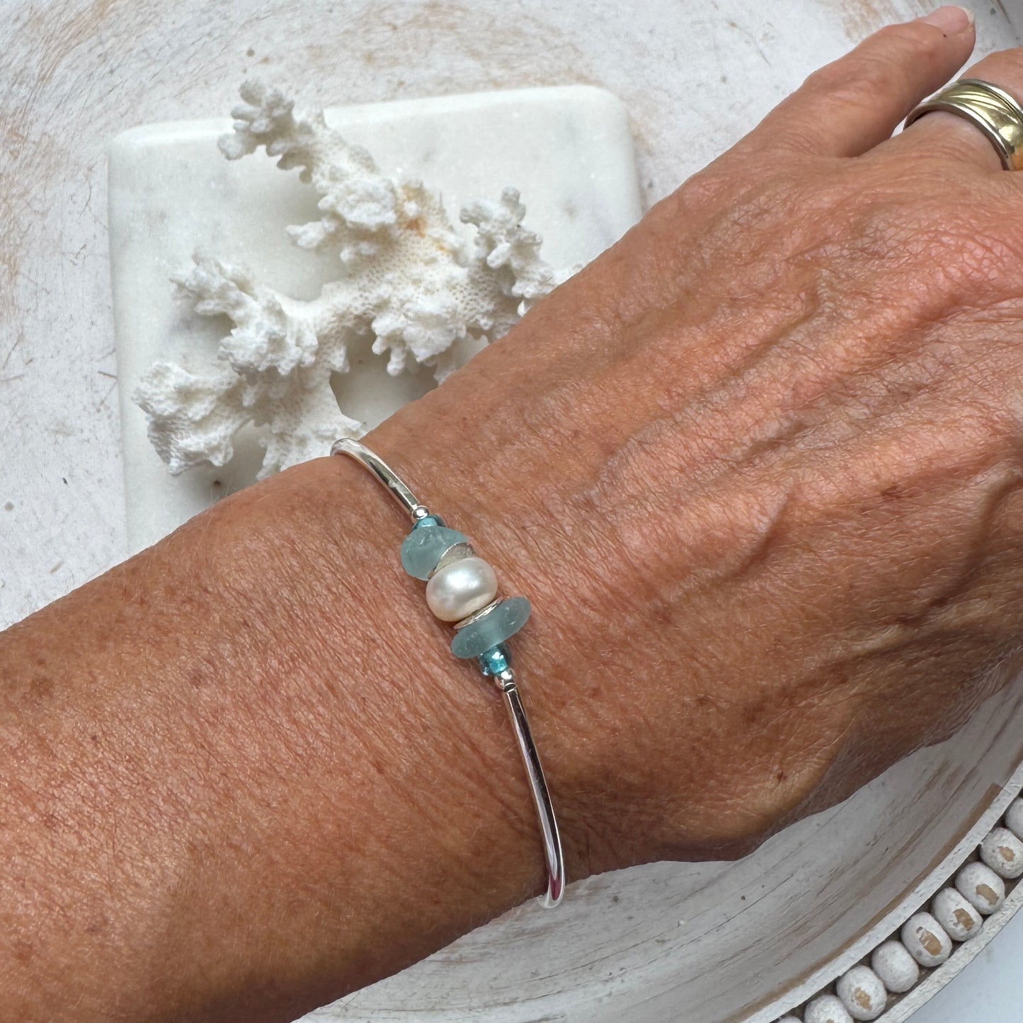 Aqua Sea Glass & Pearl Silver Tube Bracelet
