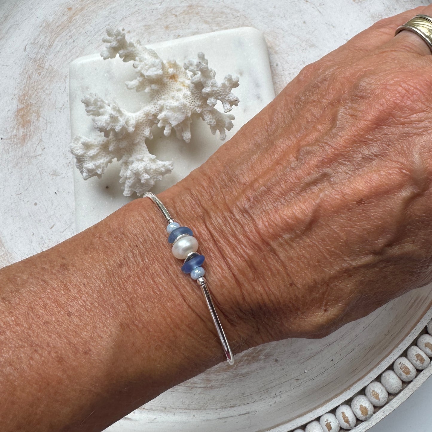 Cornflower Sea Glass & Pearl Silver Tube Bracelet