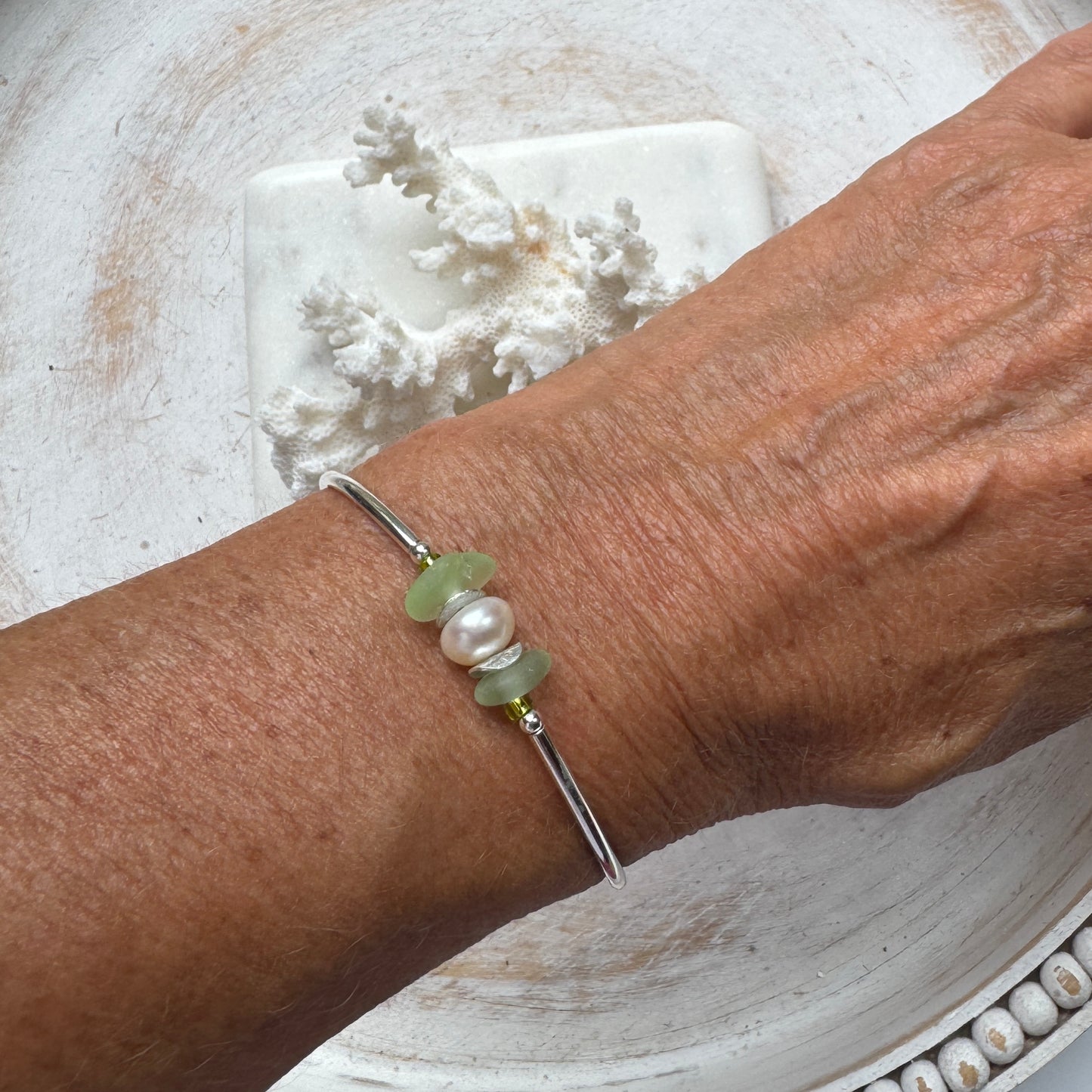 Light Green Sea Glass & Pearl Silver Tube Bracelet