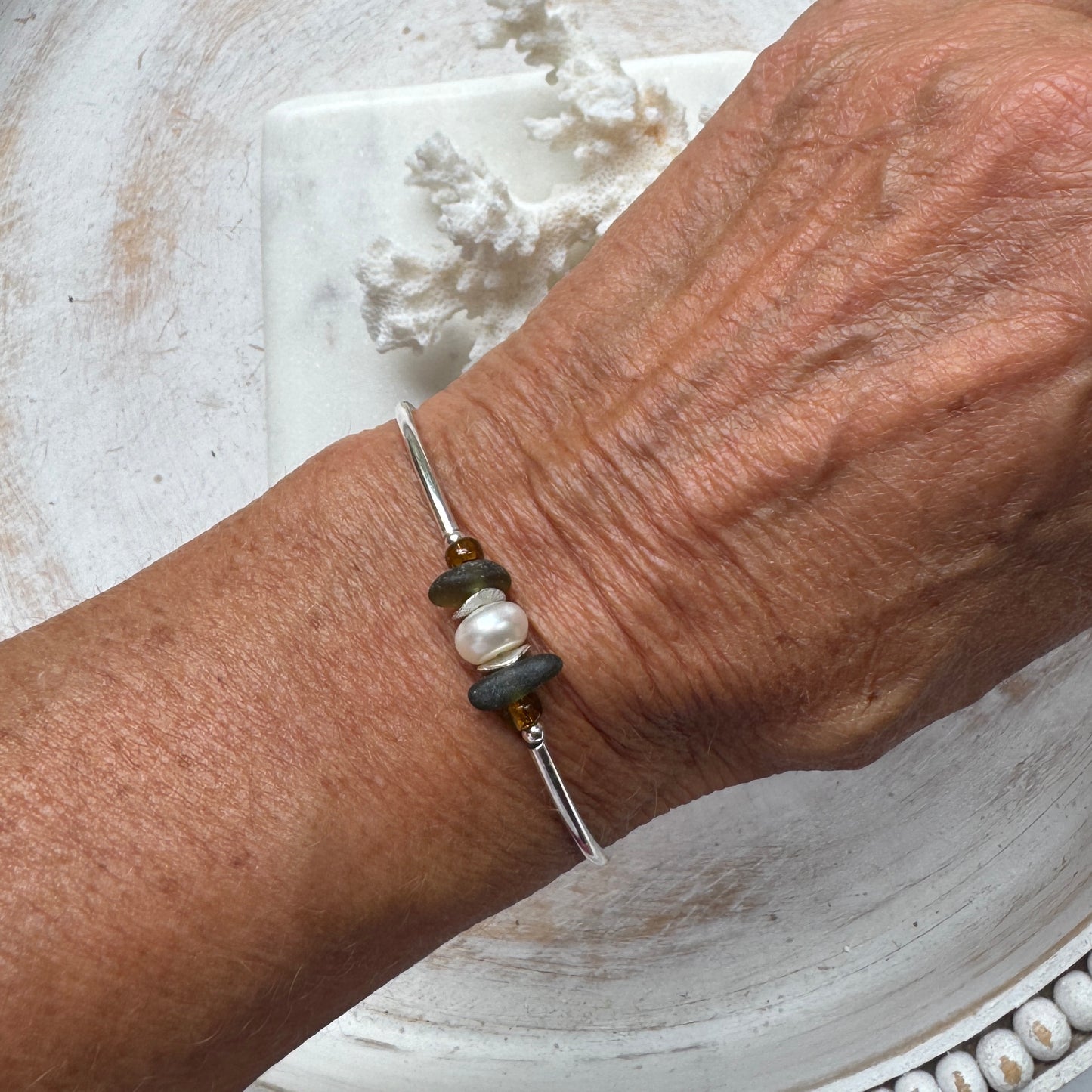 Deep Olive Sea Glass & Pearl Silver Tube Bracelet