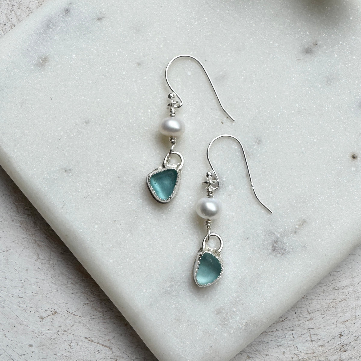 Aqua Sea Glass & Pearl Earrings