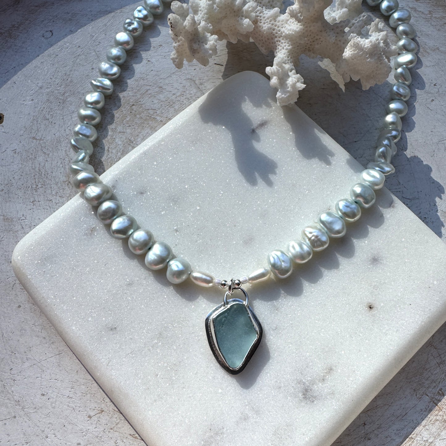 Aqua Sea Glass & Blue Freshwater Pearl Necklace