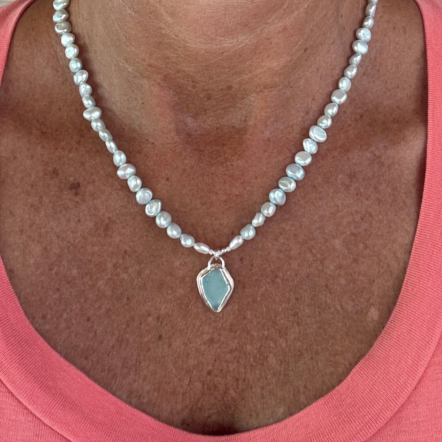 Aqua Sea Glass & Blue Freshwater Pearl Necklace