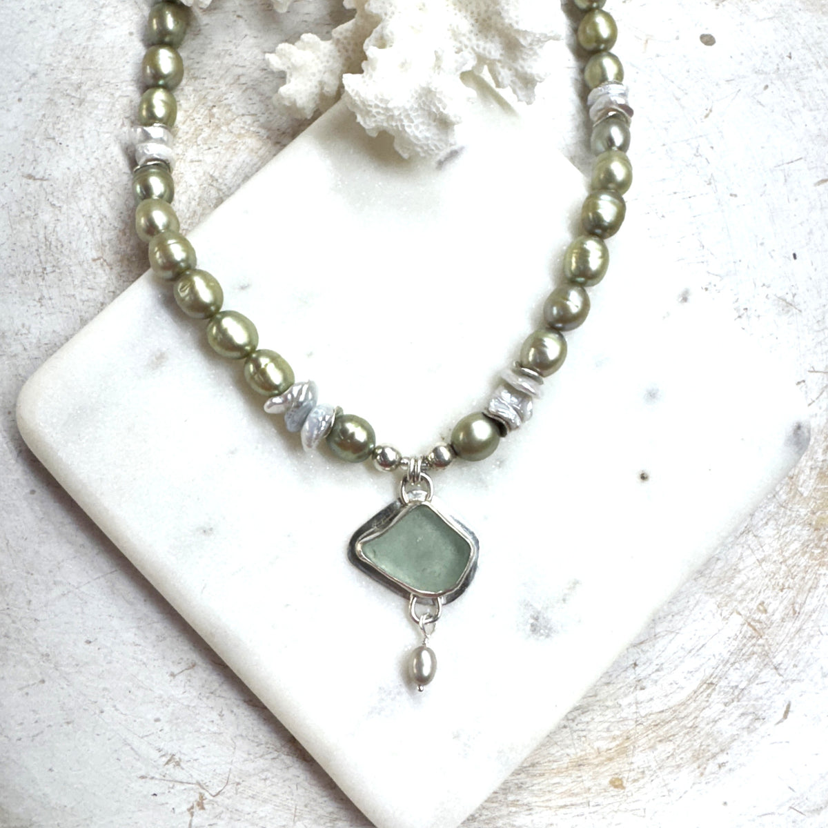 Seafoam Sea Glass & Sage Pearl Necklace
